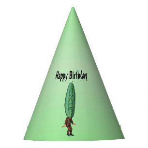 Funny Birthday Pickle Head Man Brown Suit Green Party Hat