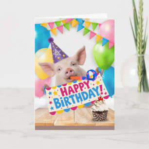 Funny Birthday Pig with Sign at Party Card
