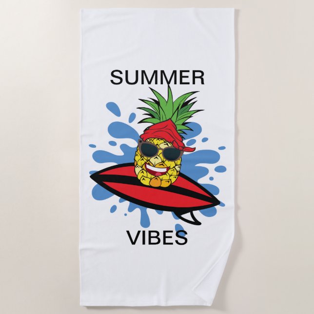 Funny Birthday Surfing Pineapple Beach Towel (Front)