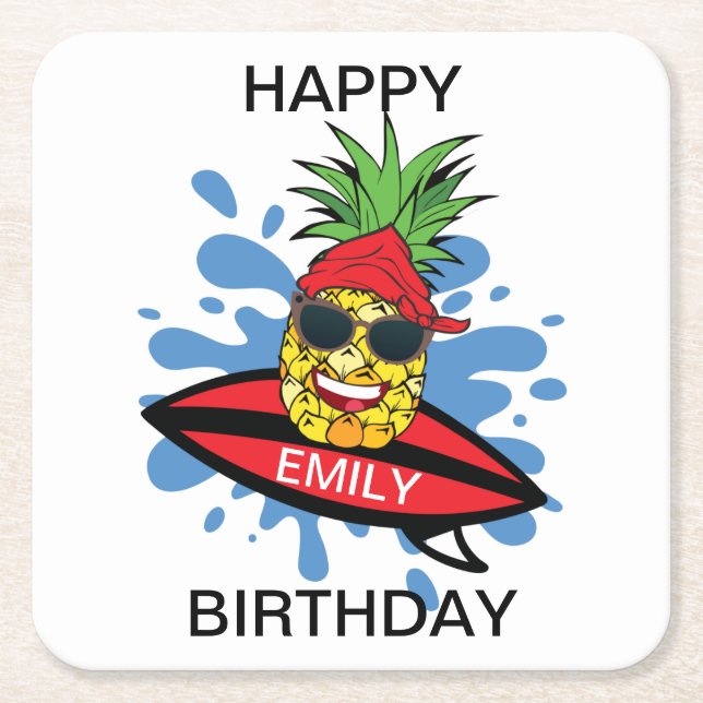 Funny Birthday Surfing Pineapple Square Paper Coaster (Front)