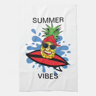 Funny Birthday Surfing Pineapple Tea Towel
