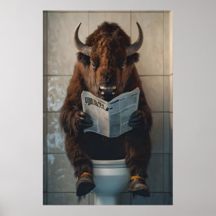 Funny Bison Bathroom Print, Toilet Newspaper Art Poster