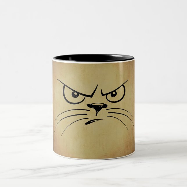 Funny Black and Tan Angry Cat Face Two-Tone Coffee Mug (Center)