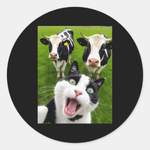 Funny Black And White Cat Cow Selfie  Classic Round Sticker