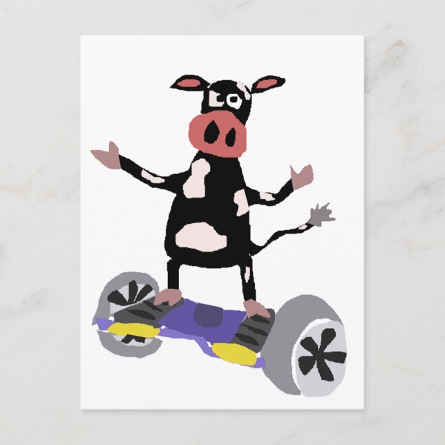 Funny Black and White Cow on Hoverboard Postcard (Front)