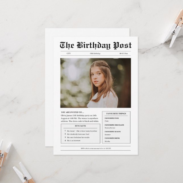Funny black and white newspaper teen birthday  invitation (Front/Back In Situ)
