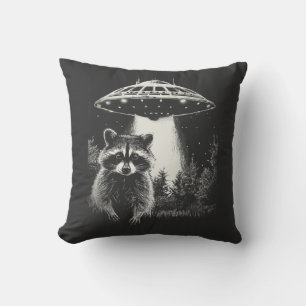 Funny Black and White Space Racoon UFO  Cushion