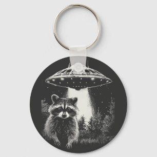 Funny Black and White Space Racoon UFO  Key Ring