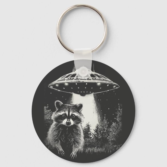Funny Black and White Space Racoon UFO  Key Ring (Front)