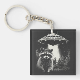 Funny Black and White Space Racoon UFO  Key Ring