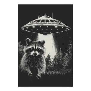 Funny Black and White Space Racoon UFO Poster