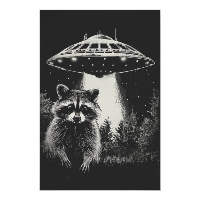 Funny Black and White Space Racoon UFO  Poster (Front)