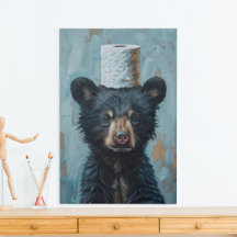 Funny Black Bear Cub Toilet Paper Canvas Print