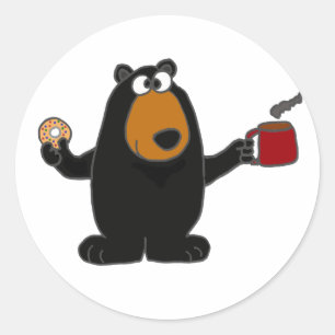 Funny Black Bear Eating Doughnut and Drinking Coff Classic Round Sticker