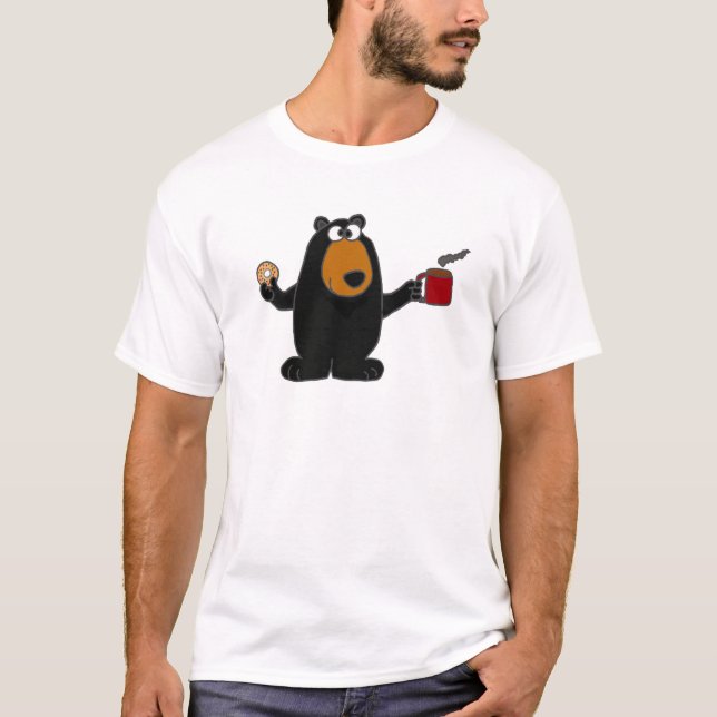 Funny Black Bear Eating Doughnut and Drinking T-Shirt (Front)