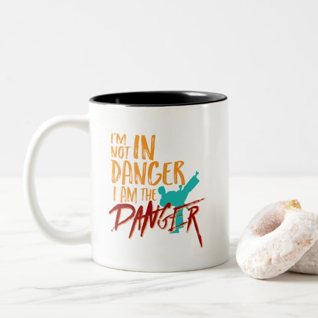 Funny Black Belt Martial Arts I Am The Danger Two-Tone Coffee Mug (With Donut)