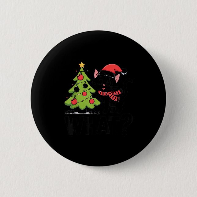 Funny Black Ca Pushing Christmas Tree Over Cat Wha 6 Cm Round Badge (Front)
