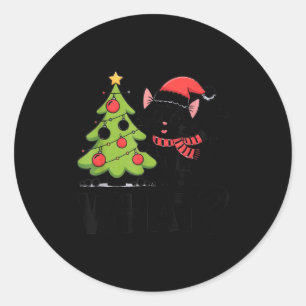 Funny Black Ca Pushing Christmas Tree Over Cat Wha Classic Round Sticker