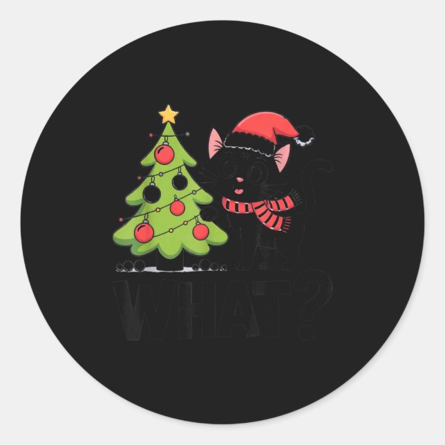 Funny Black Ca Pushing Christmas Tree Over Cat Wha Classic Round Sticker (Front)