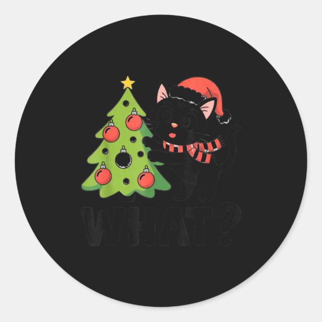 Funny Black Ca Pushing Christmas Tree Over Cat Wha Classic Round Sticker (Front)