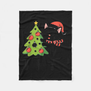 Funny Black Ca Pushing Christmas Tree Over Cat Wha Fleece Blanket