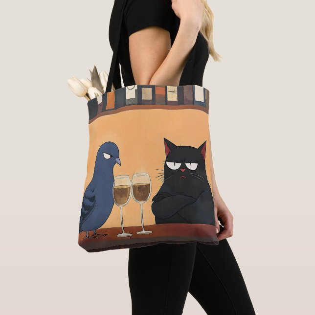 Funny Black Cat and Bird Tote Bag (Close Up)