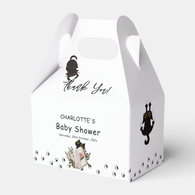 Funny Black Cat and Floral Book Baby Shower Favour Box (Front Side)