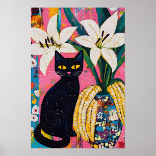 Funny Black Cat and Flower Vase  Poster