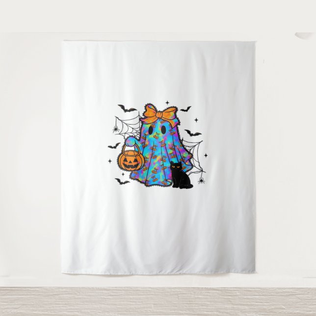 Funny Black Cat and Ghost Halloween Essential T-Sh Tapestry (Front)