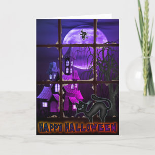 Funny Black Cat and Old House Halloween Card