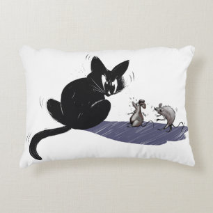 Funny Black Cat and Scared Mice Cartoon Cushion