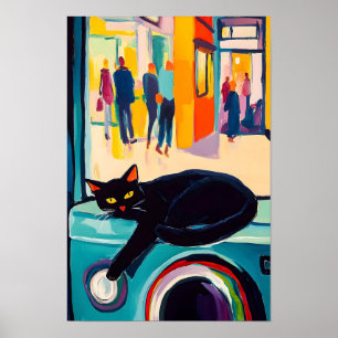 Funny Black Cat and Washing Machine Poster