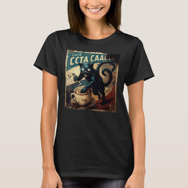 Funny Black Cat Attack Coffee T-Shirt (Front)