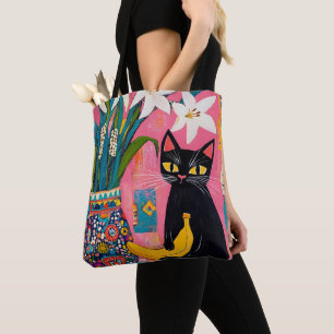 Funny Black cat Banana and Flower Vase Tote Bag