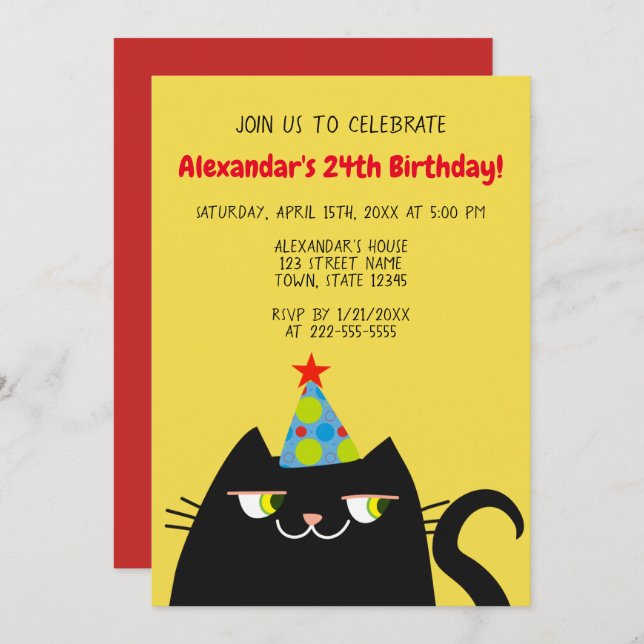 Funny Black Cat Birthday Party Invitation (Front/Back)