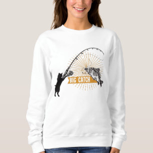 Funny Black Cat Catching Big Fish Sweatshirt