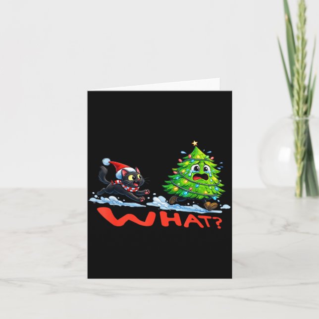 Funny Black Cat Chasing Christmas Tree Over Cat Wh Card (Front)