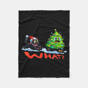 Funny Black Cat Chasing Christmas Tree Over Cat Wh Fleece Blanket