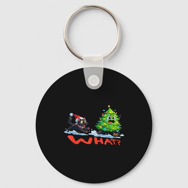 Funny Black Cat Chasing Christmas Tree Over Cat Wh Key Ring (Front)