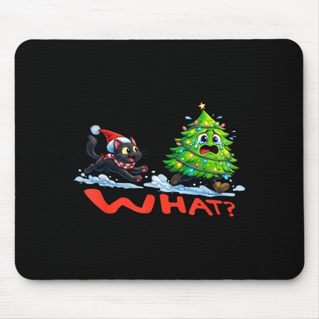 Funny Black Cat Chasing Christmas Tree Over Cat Wh Mouse Pad (Front)