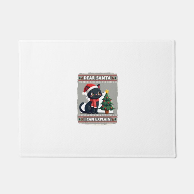 Funny Black Cat Christmas Dear Santa, I Can Explai Doormat (Front)
