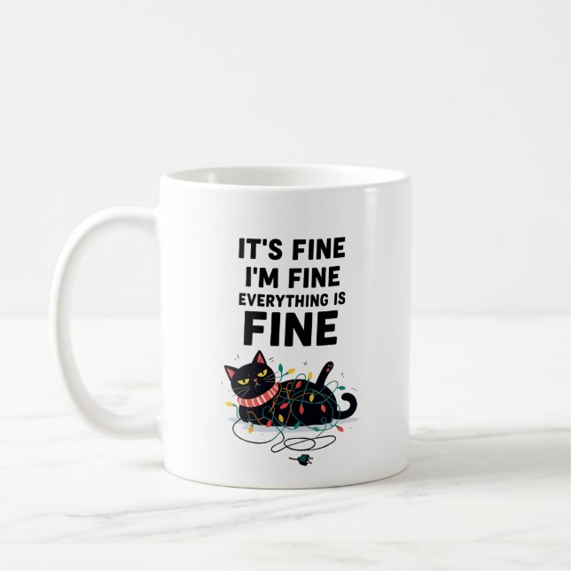 Funny Black Cat Christmas Lights Mug (Left)