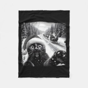 Funny Black Cat Christmas Selfie Santa Sleigh Snow Fleece Blanket