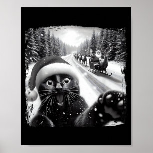 Funny Black Cat Christmas Selfie Santa Sleigh Snow Poster