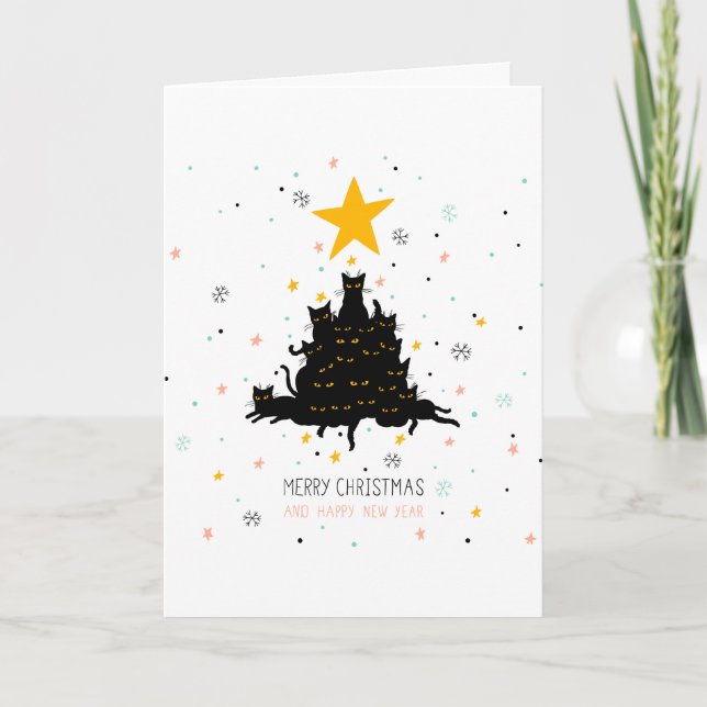 Funny Black Cat Christmas Tree Holiday Card (Front)