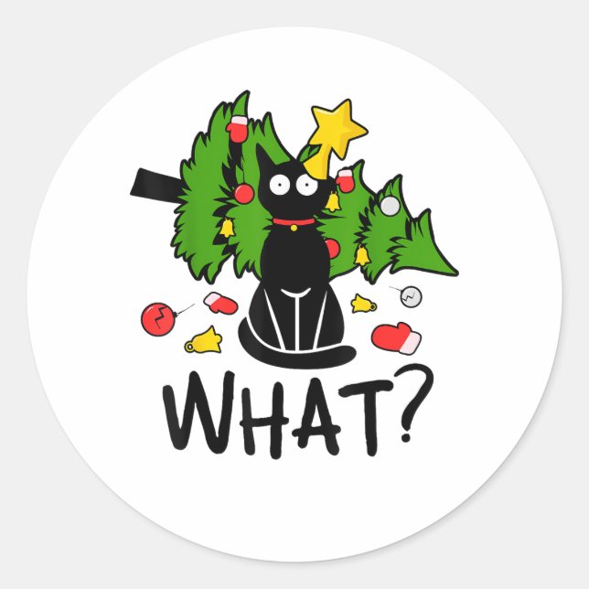 Funny Black Cat Christmas Tree Merry Santa Humor C Classic Round Sticker (Front)