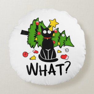 Funny Black Cat Christmas Tree Merry Santa Humor C Round Cushion