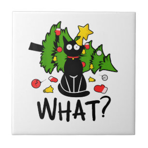 Funny Black Cat Christmas Tree Merry Santa Humor C Tile
