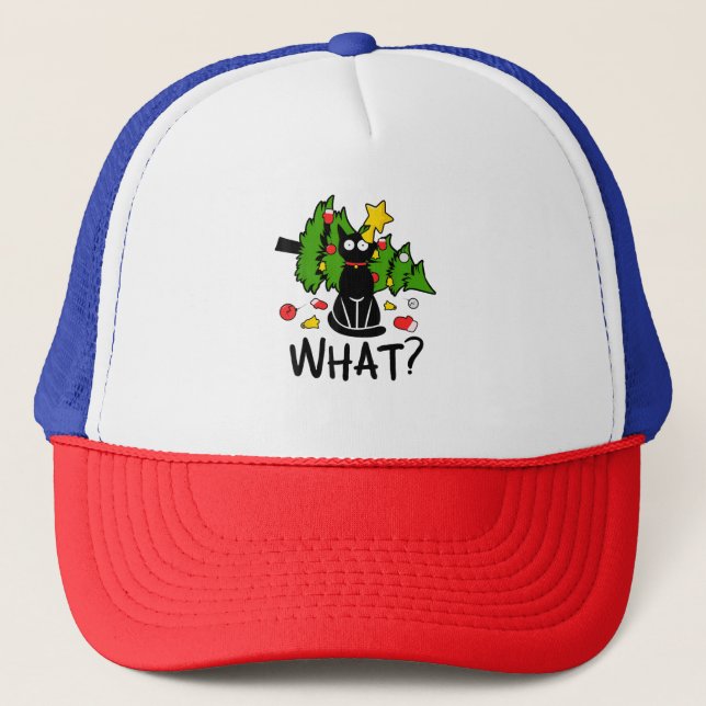 Funny Black Cat Christmas Tree Merry Santa Humor C Trucker Hat (Front)