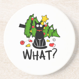 Funny Black Cat Christmas Tree Merry Santa Humour Coaster